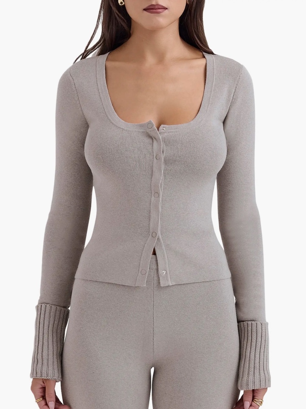 House of CB scoop-neck fitted cardigan in taupe